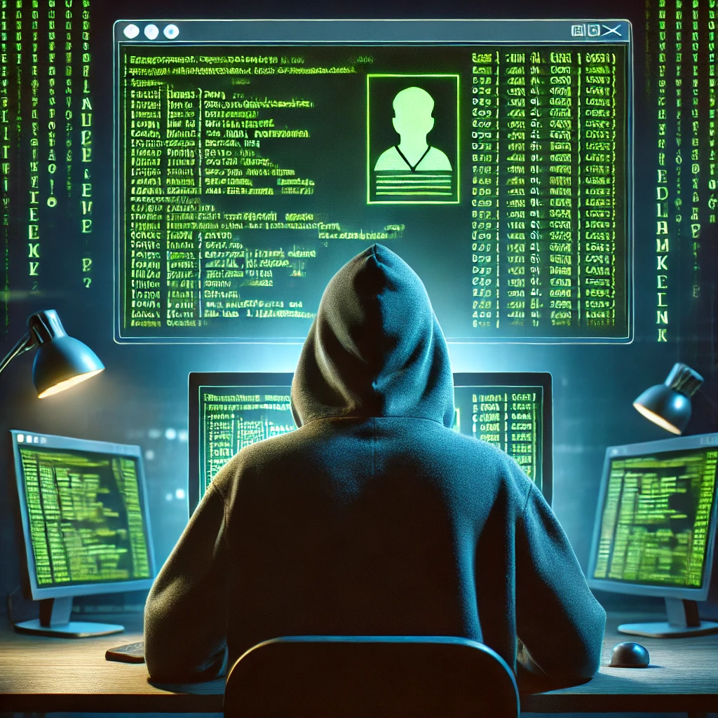 An image of a hooded character sat in front of a computer screen hacking a system, with green text scrolling up the screen.