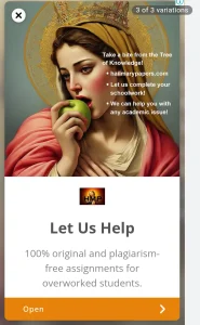 A screenshot of an ad for Hail Mary Papers featuring an AI generated image of the Virgin Mary in a red robe, biting a green apple. Underneath the ad reads 'Let Us Help' with claims to help students beat plagiarism.