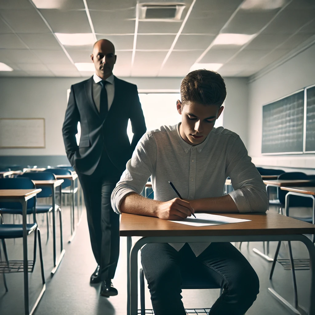 A student doing an exam while an invigilator walks behind them